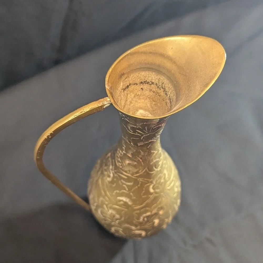 Vintage Brass Pitcher Etched Floral Hand Crafted India Decorative Vase 11in